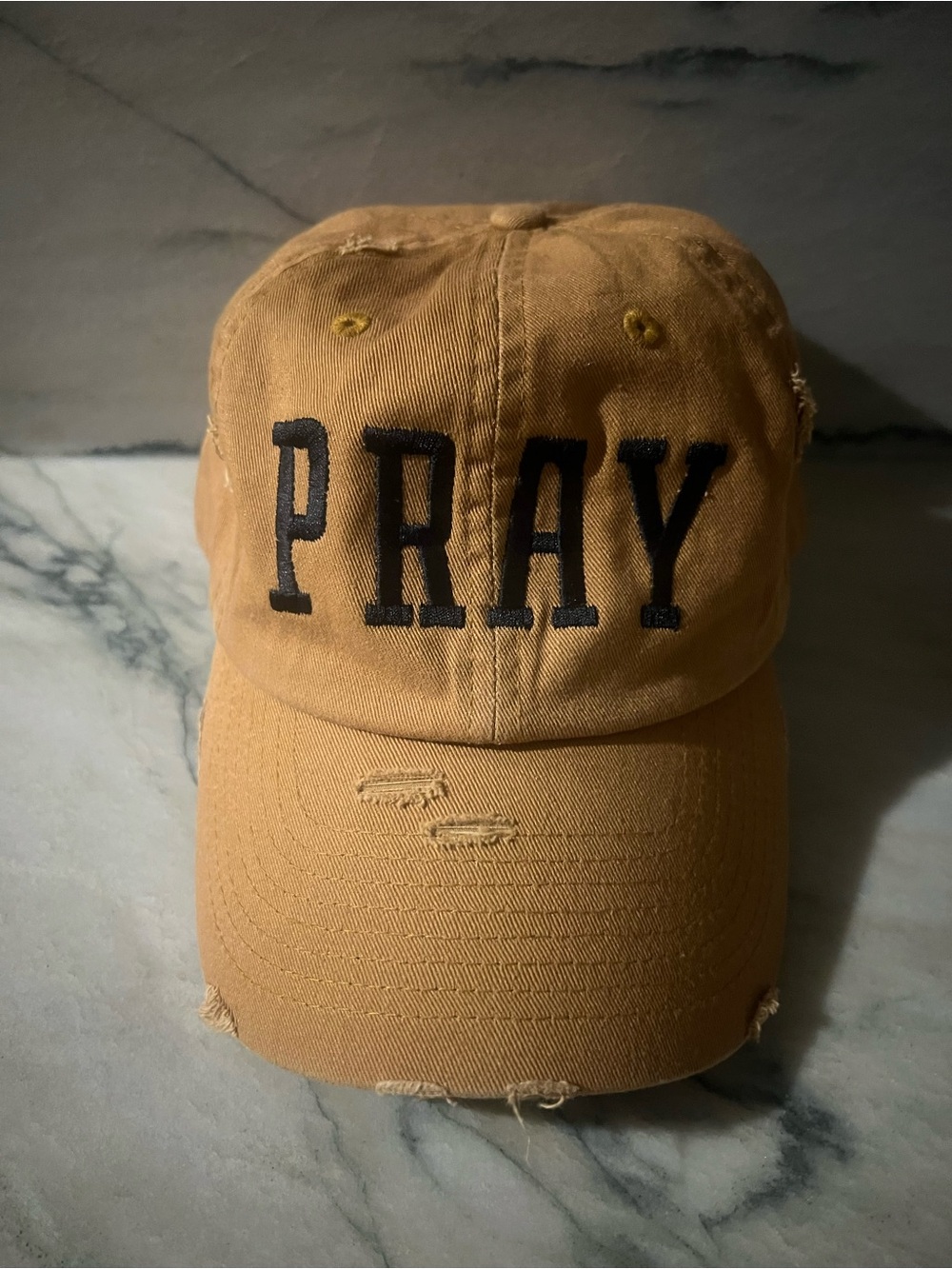 KBETHOS "PRAY" Embroidered Cap - Tan with Black Lettering